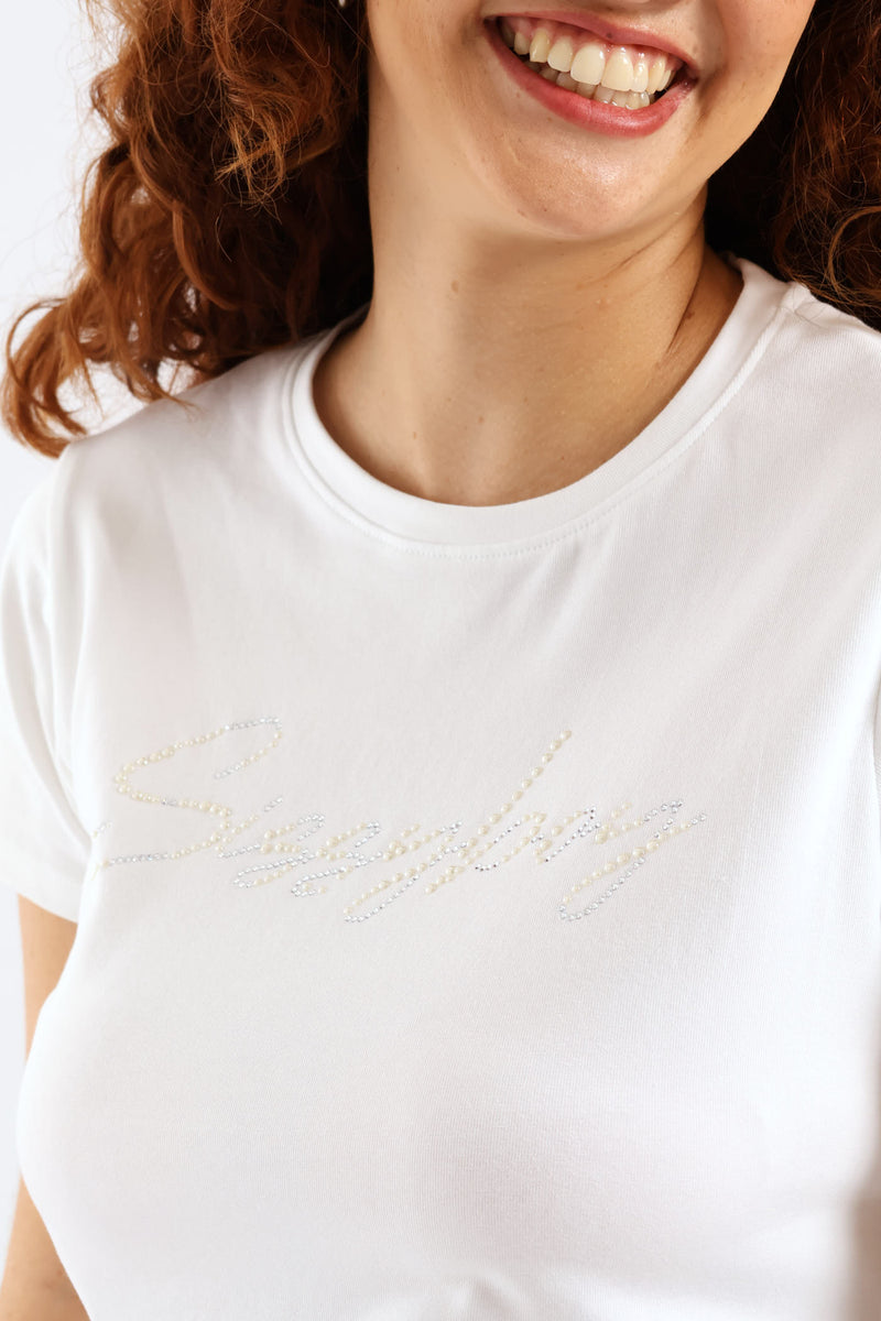 Pearl & Diamante Logo Transfer Tee - White