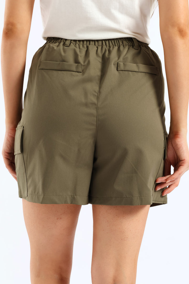 Pleat Front Utility Pocket Mid Thigh Shorts - Light Fatigue