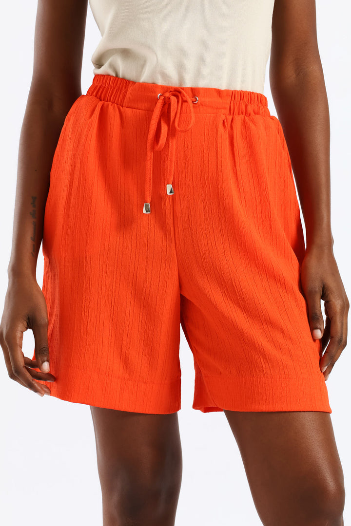 Drawstring Eyelet Crinkle Bermuda Shorts - Vermilion