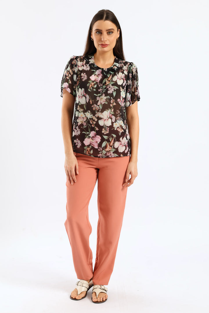 Pleat Neck Flutter Sleeve Blouse - Black