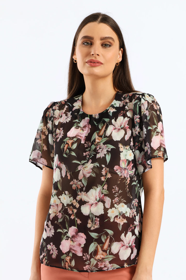 Pleat Neck Flutter Sleeve Blouse - Black