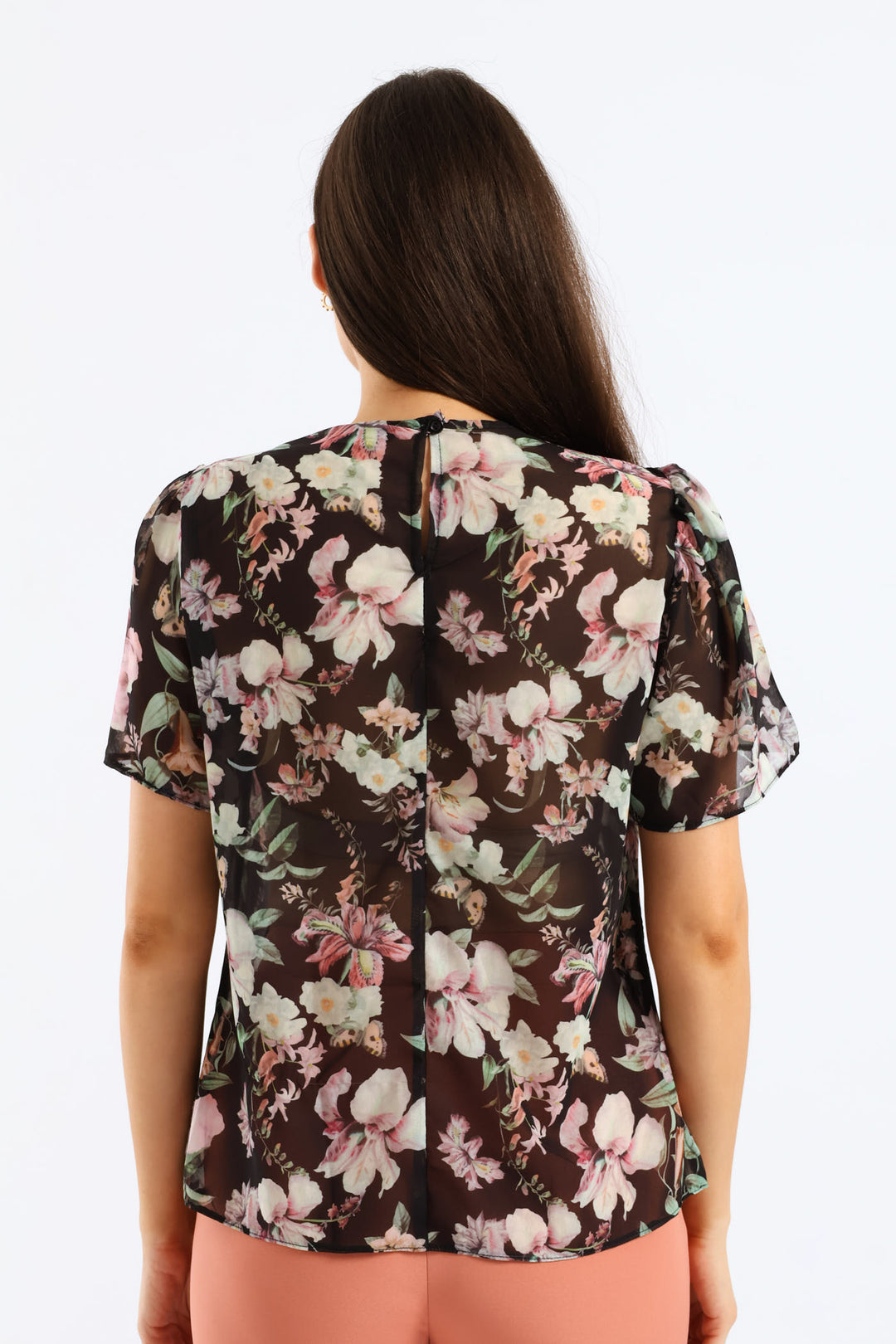 Pleat Neck Flutter Sleeve Blouse - Black