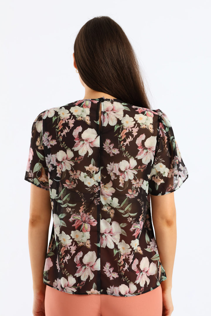 Pleat Neck Flutter Sleeve Blouse - Black