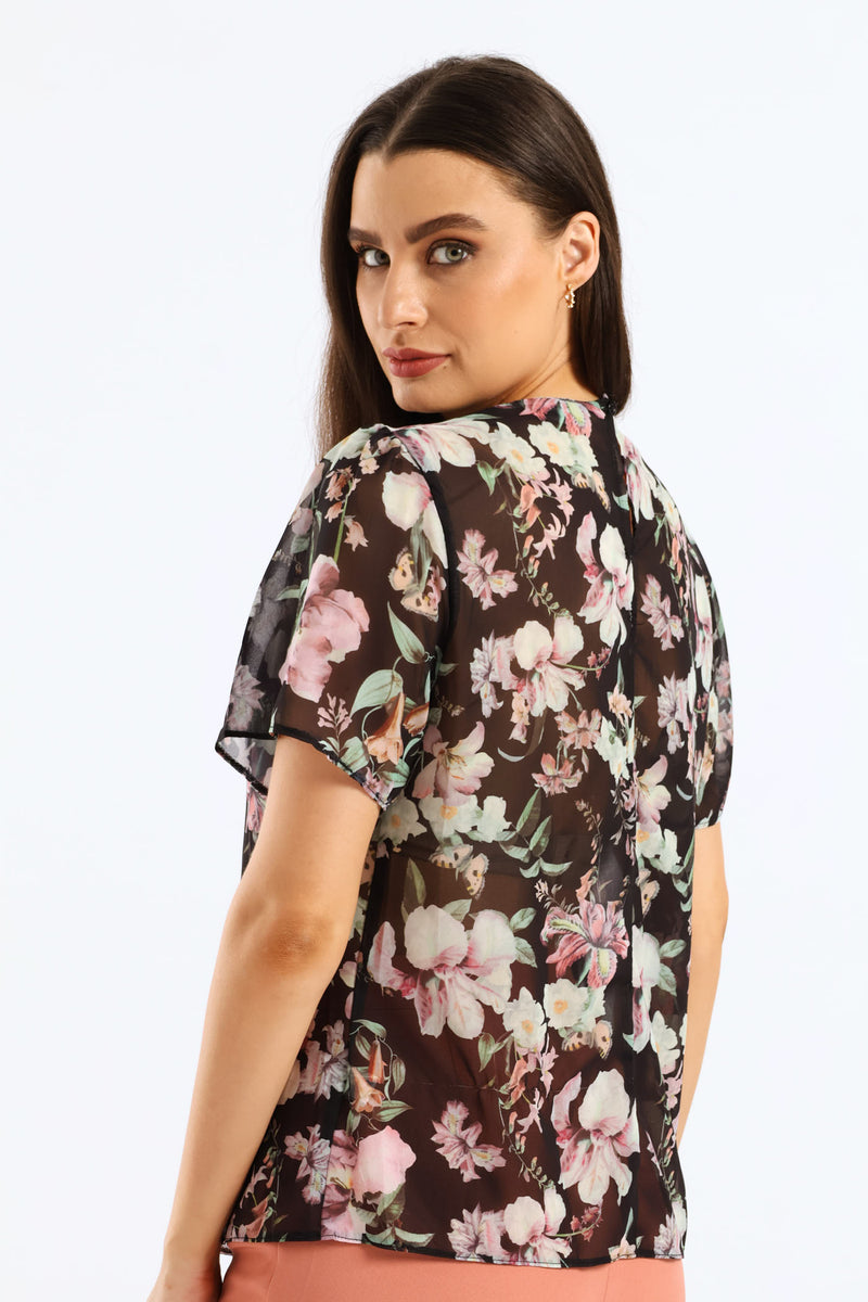 Pleat Neck Flutter Sleeve Blouse - Black
