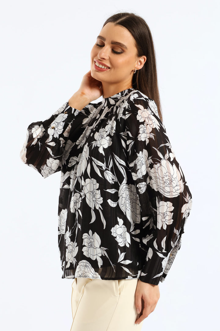 Hi Neck Keyhole Monochrome Floral Blouse - Black/White