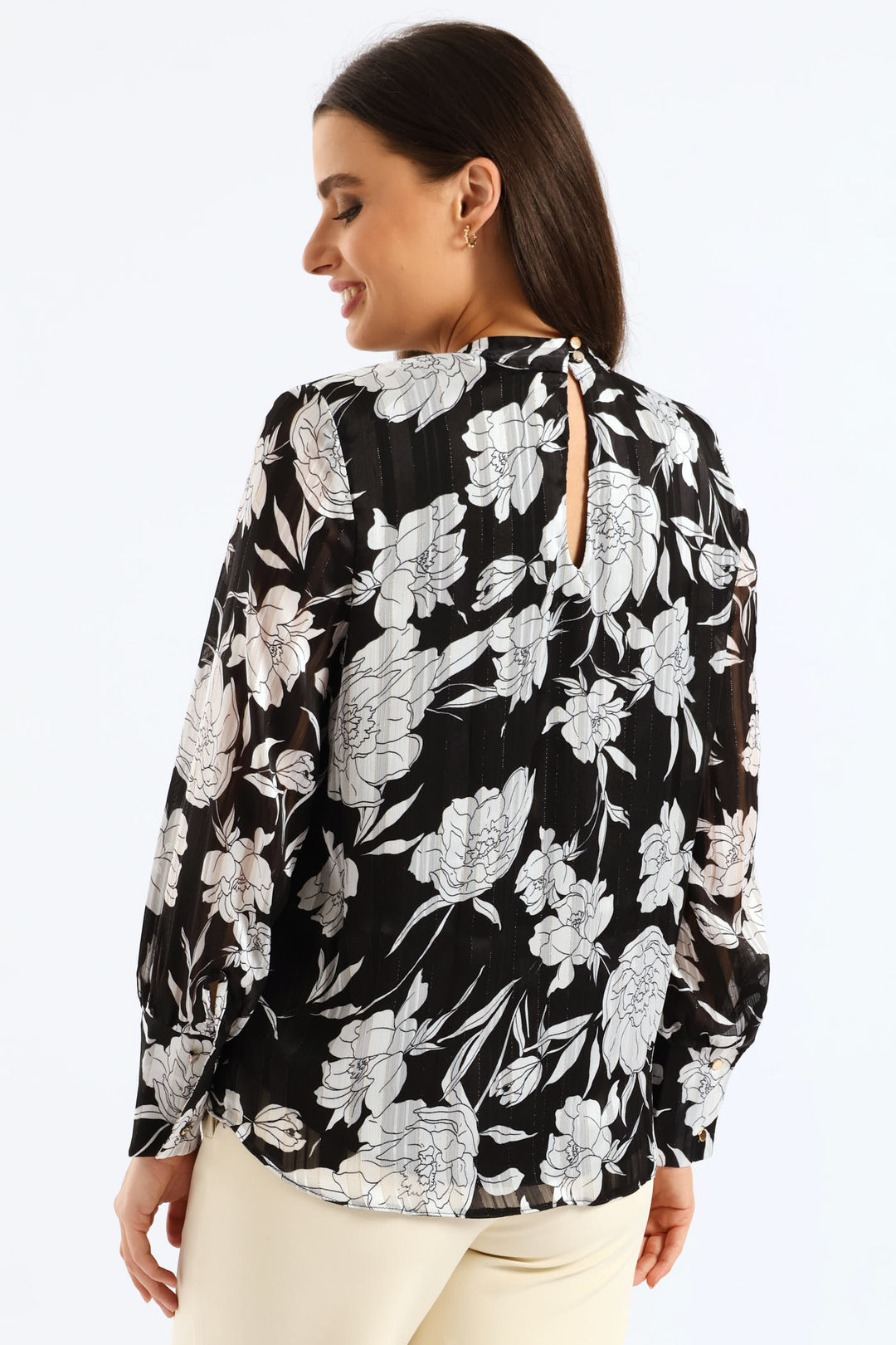 Hi Neck Keyhole Monochrome Floral Blouse - Black/White