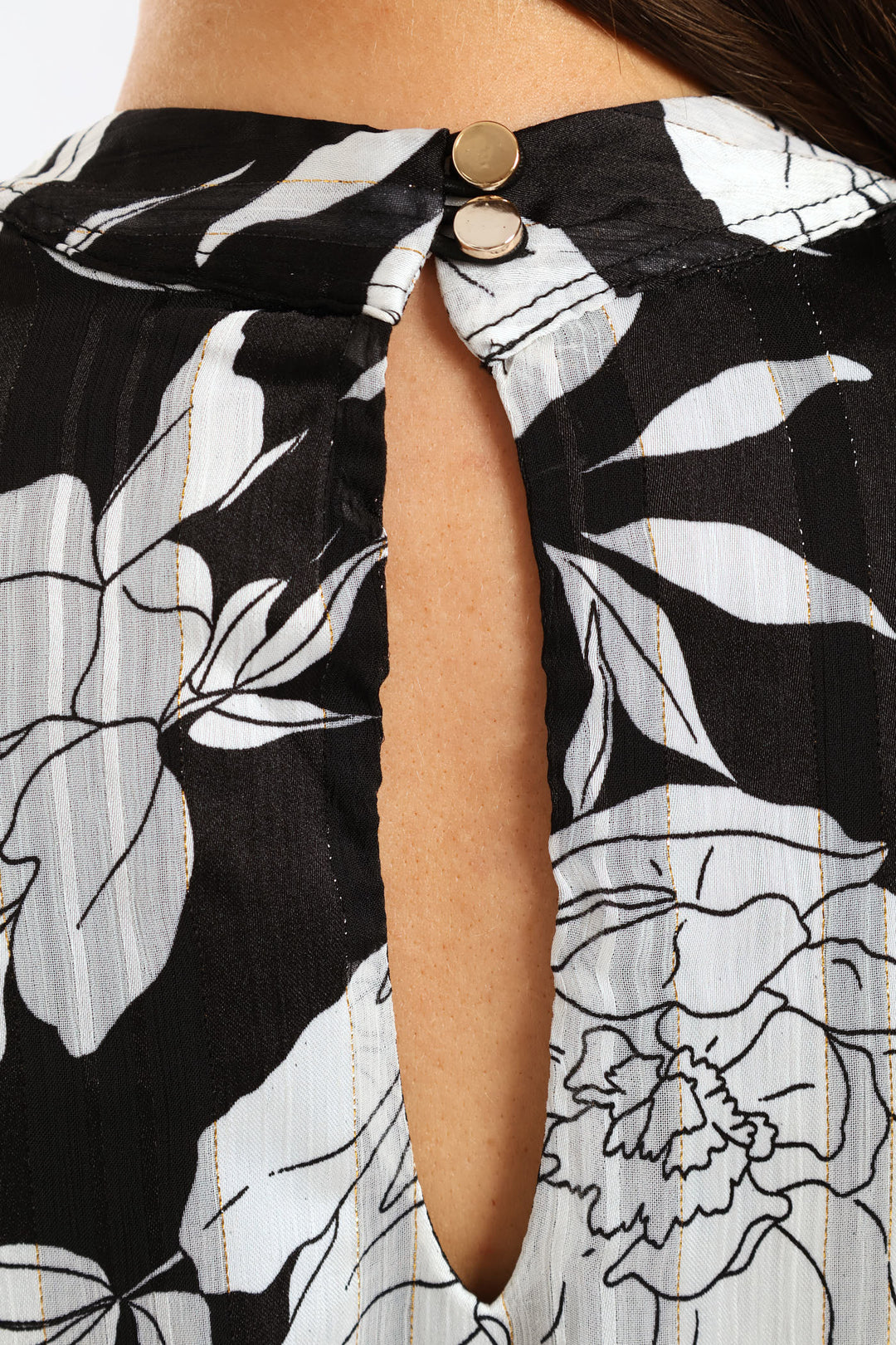 Hi Neck Keyhole Monochrome Floral Blouse - Black/White