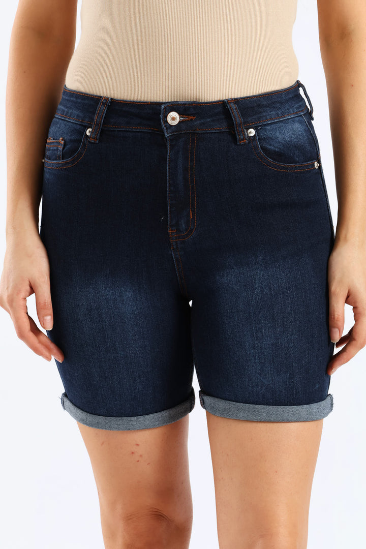 Classic Roll Hem Mid Thigh Supersoft Denim Short - Ink