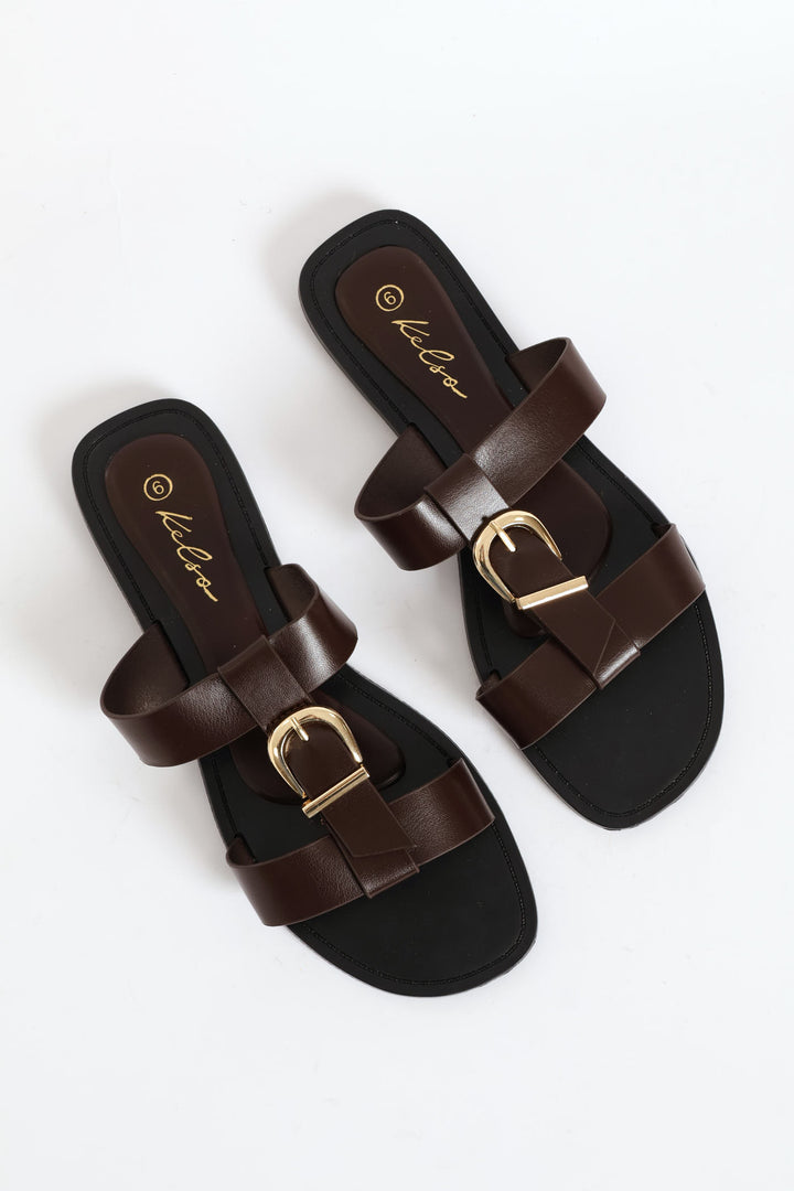 Buckle Detail T-Bar Mule Sandal - Chocolate