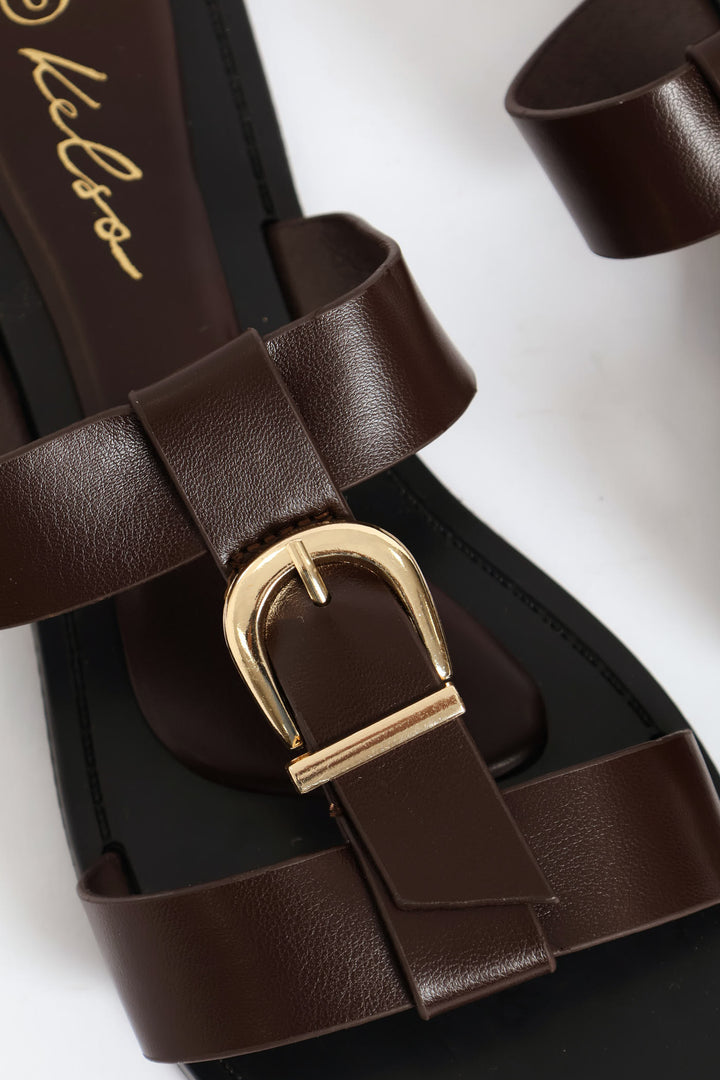 Buckle Detail T-Bar Mule Sandal - Chocolate
