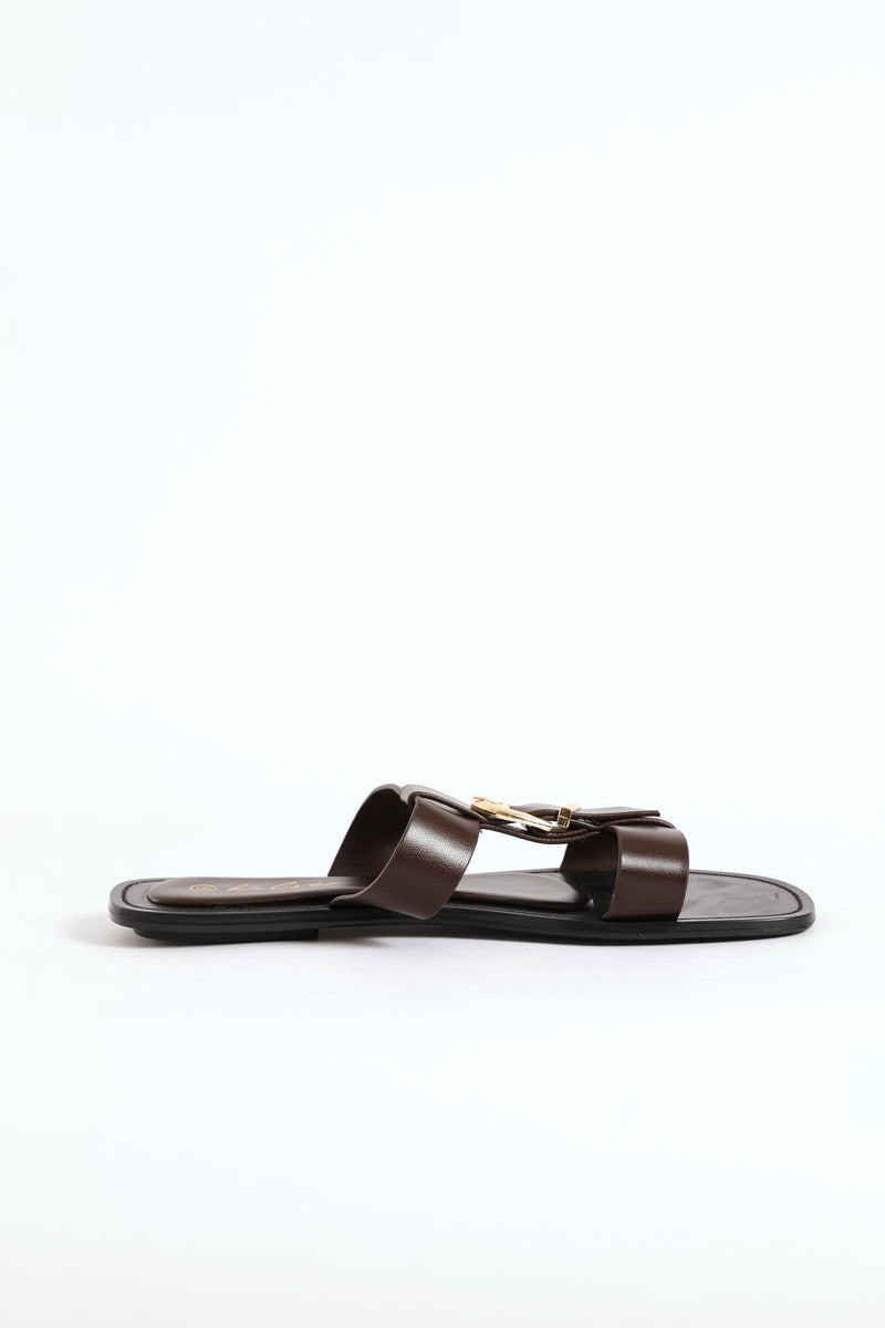 Buckle Detail T-Bar Mule Sandal - Chocolate