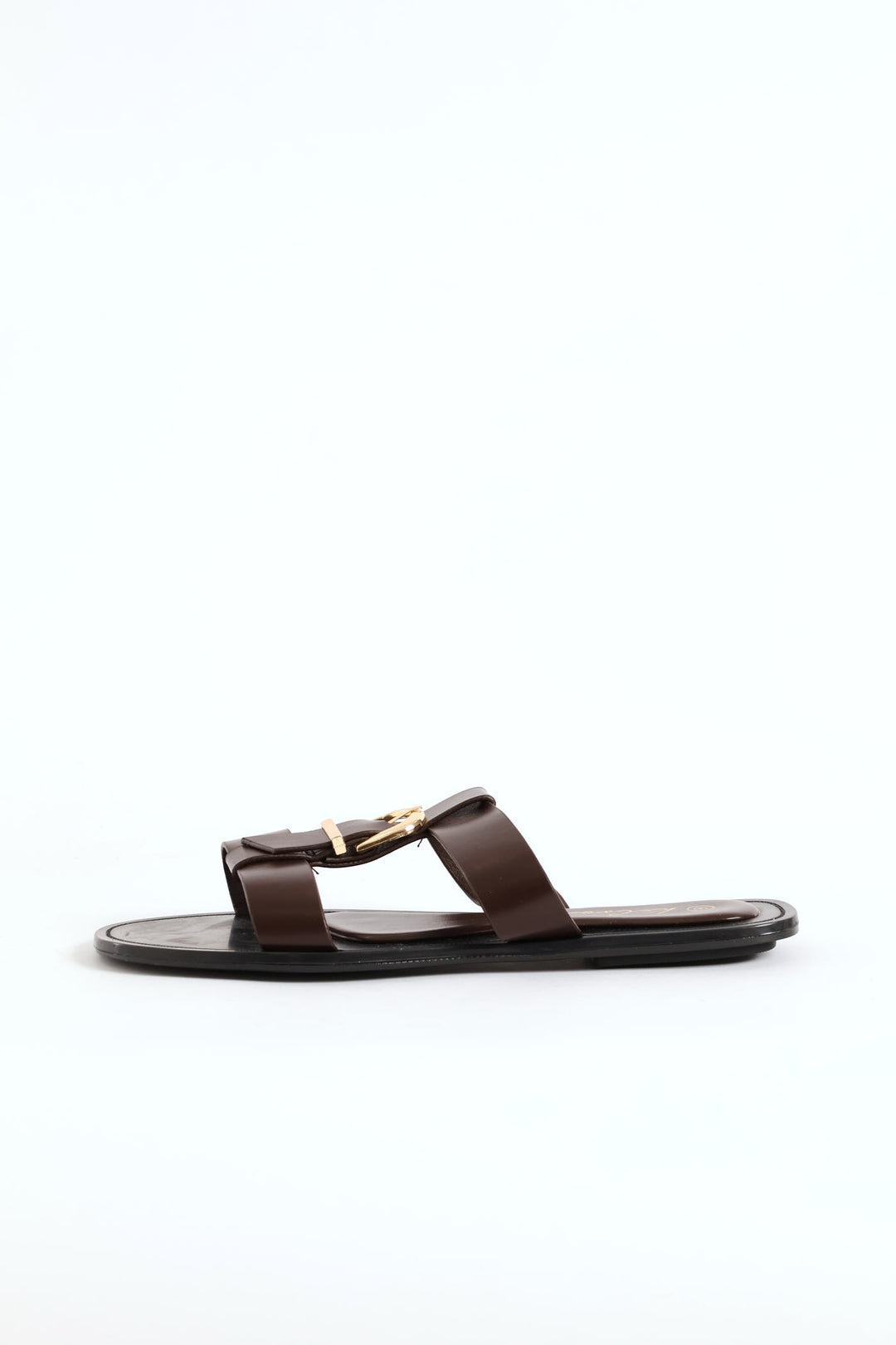 Buckle Detail T-Bar Mule Sandal - Chocolate