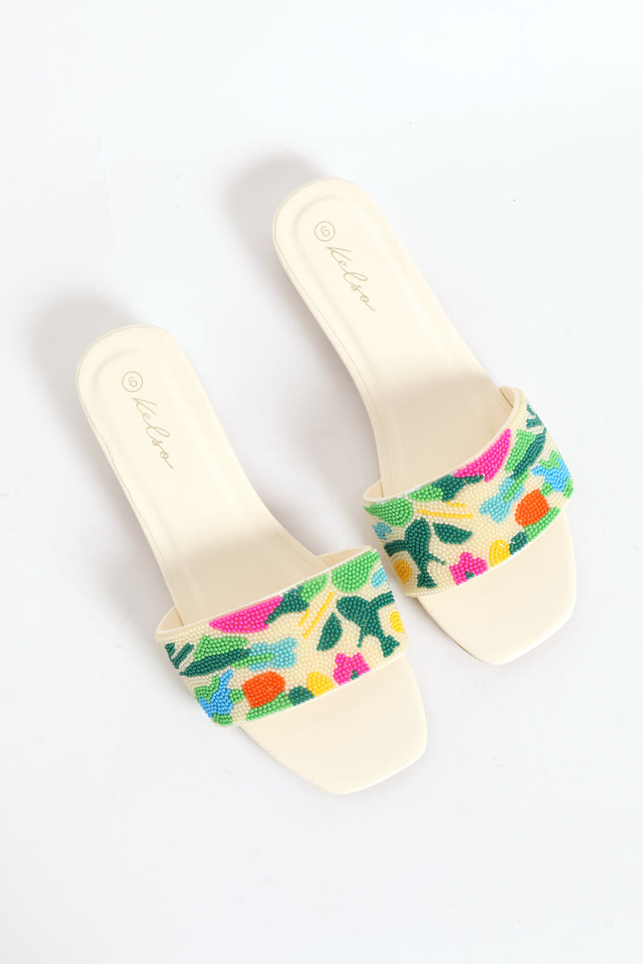 Beaded Sandal On Low Block Heel - Multi