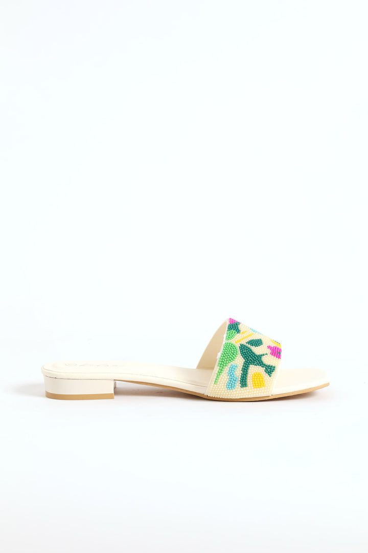Beaded Sandal On Low Block Heel - Multi