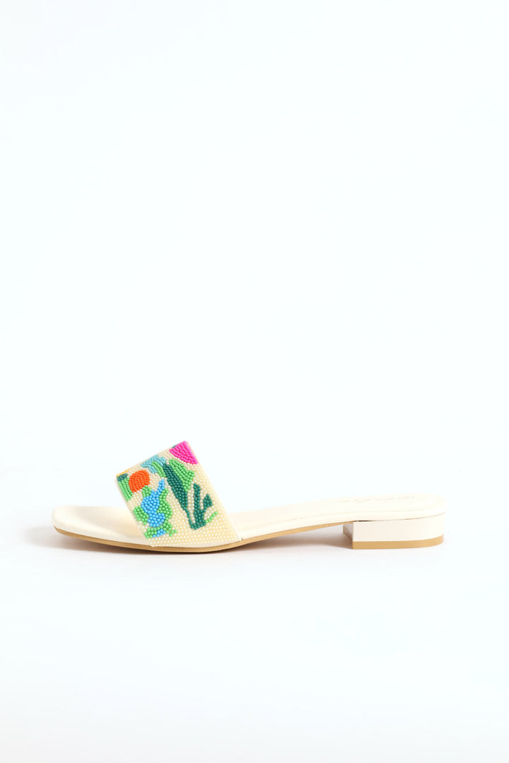 Beaded Sandal On Low Block Heel - Multi
