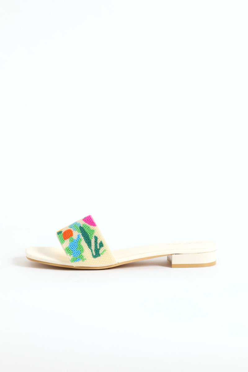 Beaded Sandal On Low Block Heel - Multi