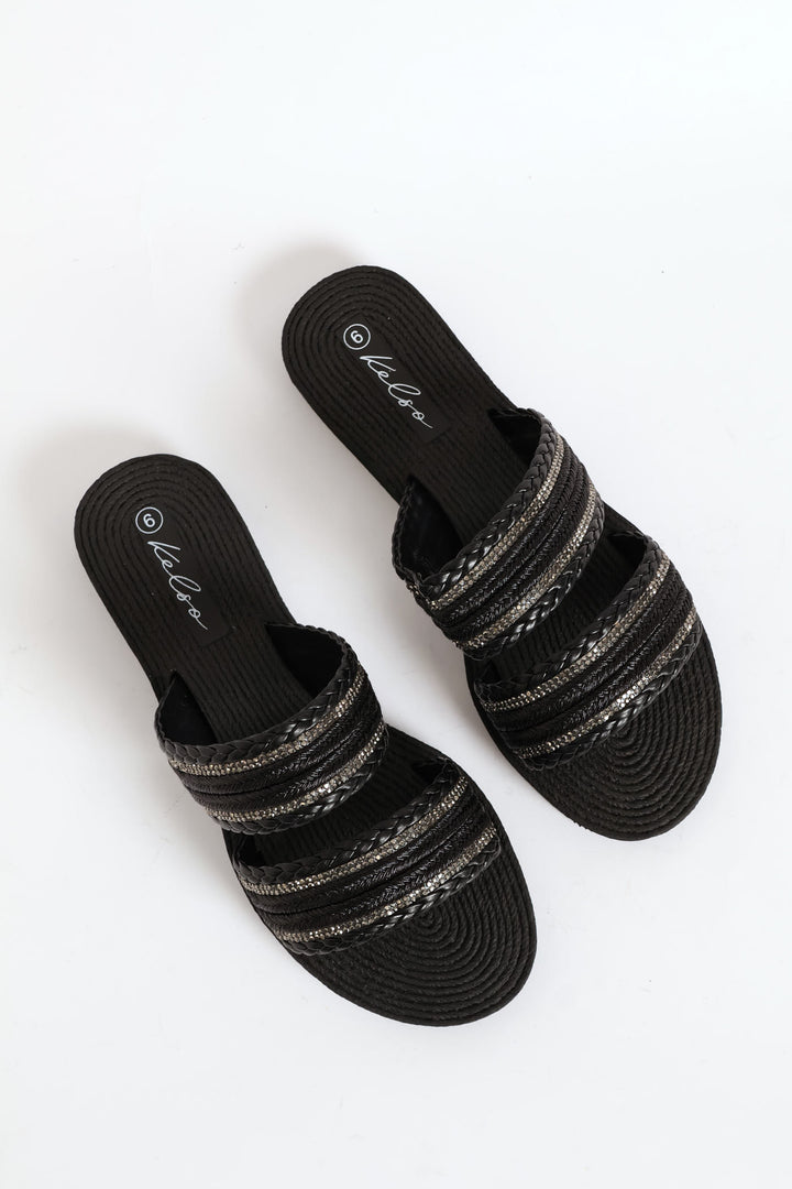 Double Band Tape Diamante Sandal - Black
