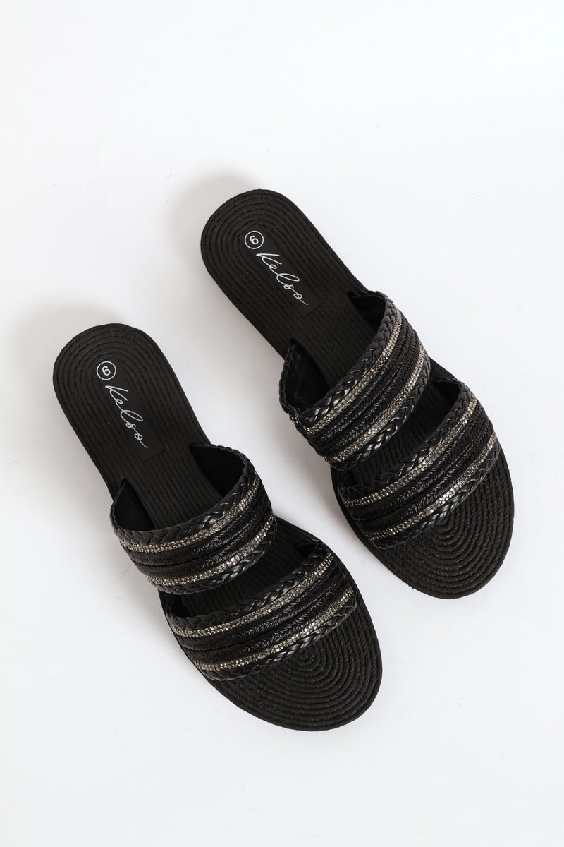 Double Band Tape Diamante Sandal - Black
