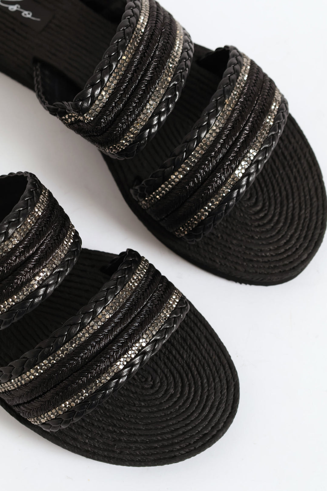 Double Band Tape Diamante Sandal - Black