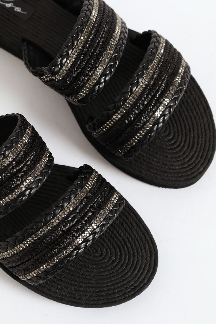 Double Band Tape Diamante Sandal - Black