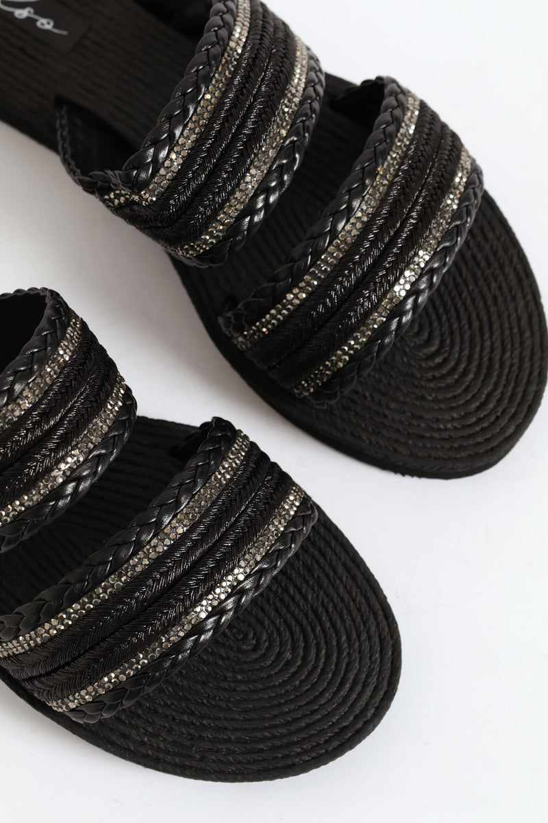 Double Band Tape Diamante Sandal - Black