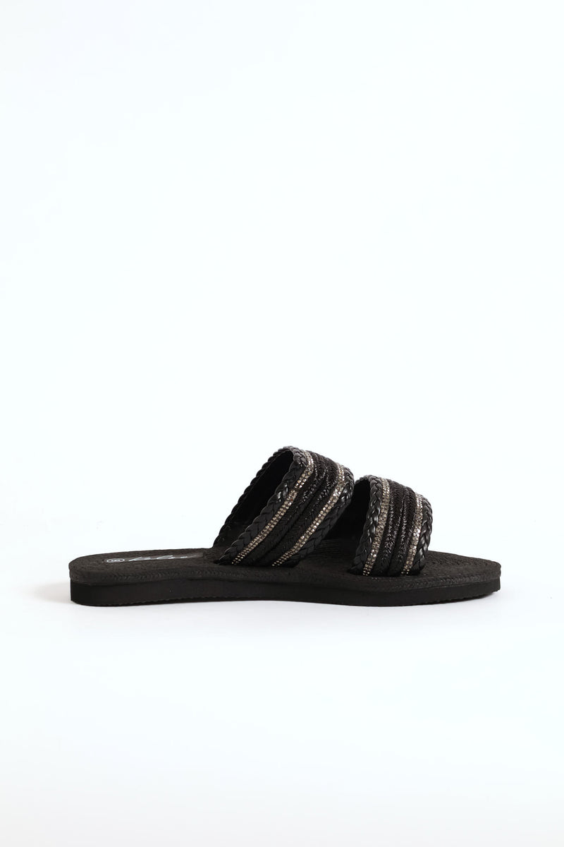 Double Band Tape Diamante Sandal - Black