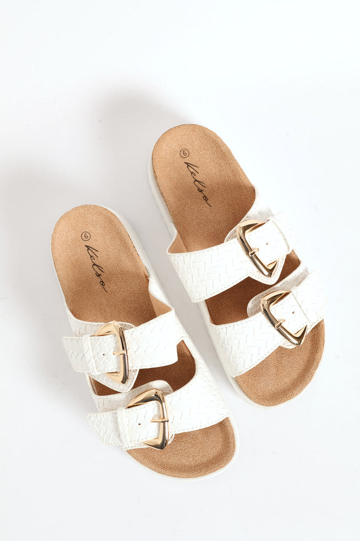 Weaved Strap Shaped Buckle Flatform Mule Sandal - White