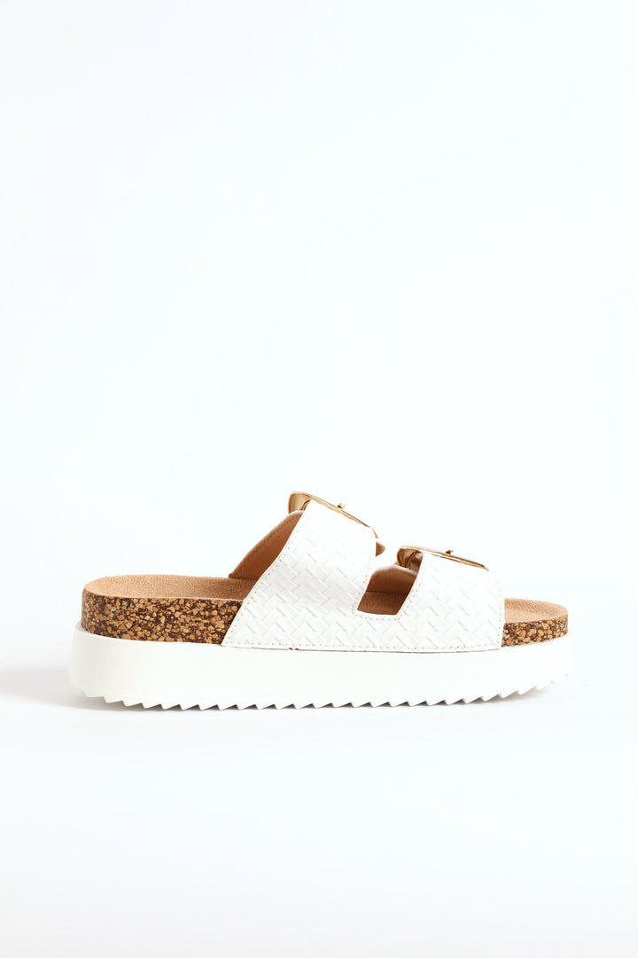 Weaved Strap Shaped Buckle Flatform Mule Sandal - White