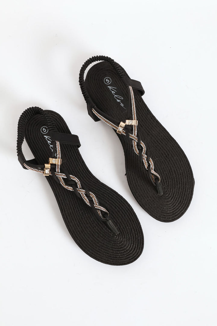 Diamante Plaited Slingback Thong Sandal - Black