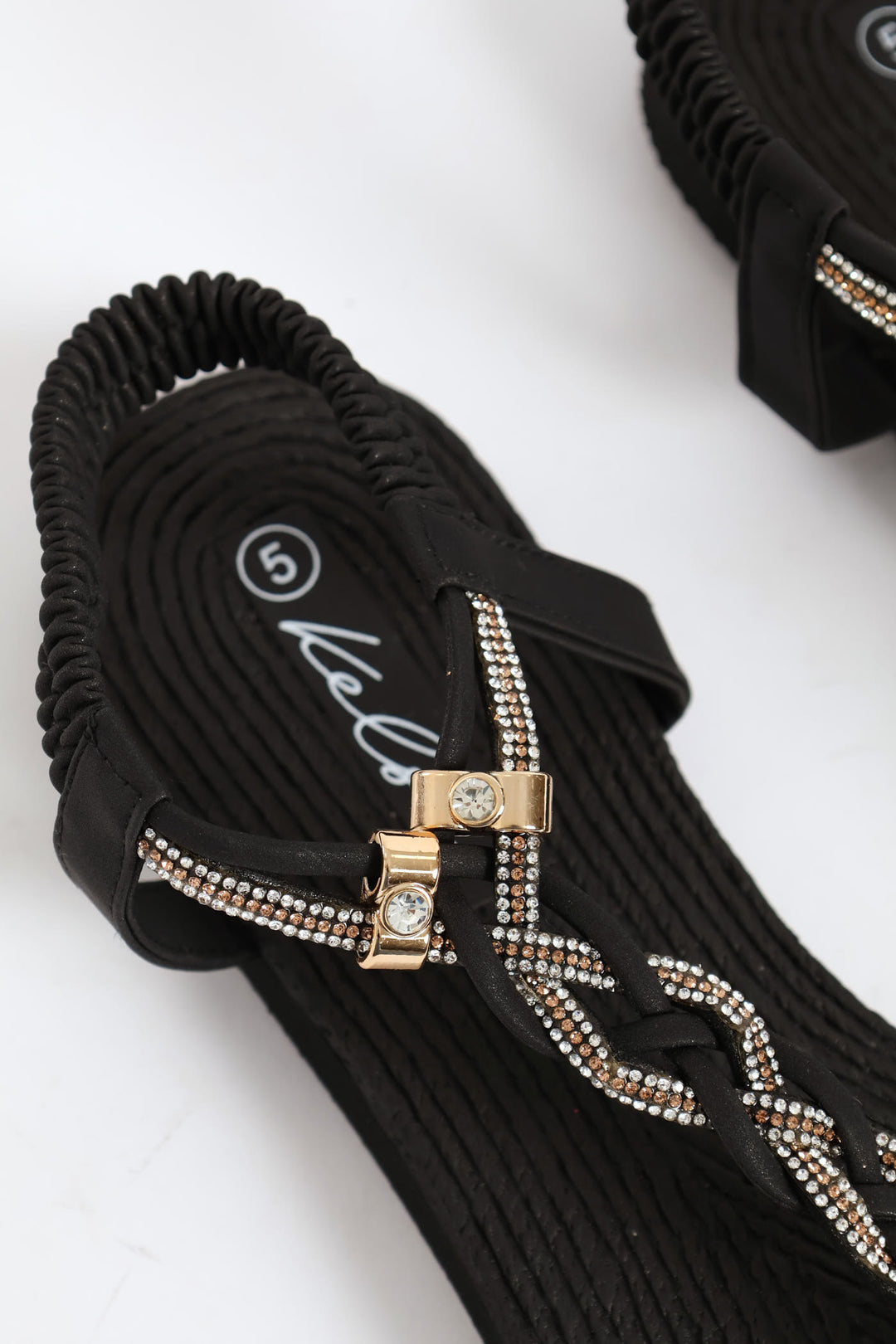 Diamante Plaited Slingback Thong Sandal - Black