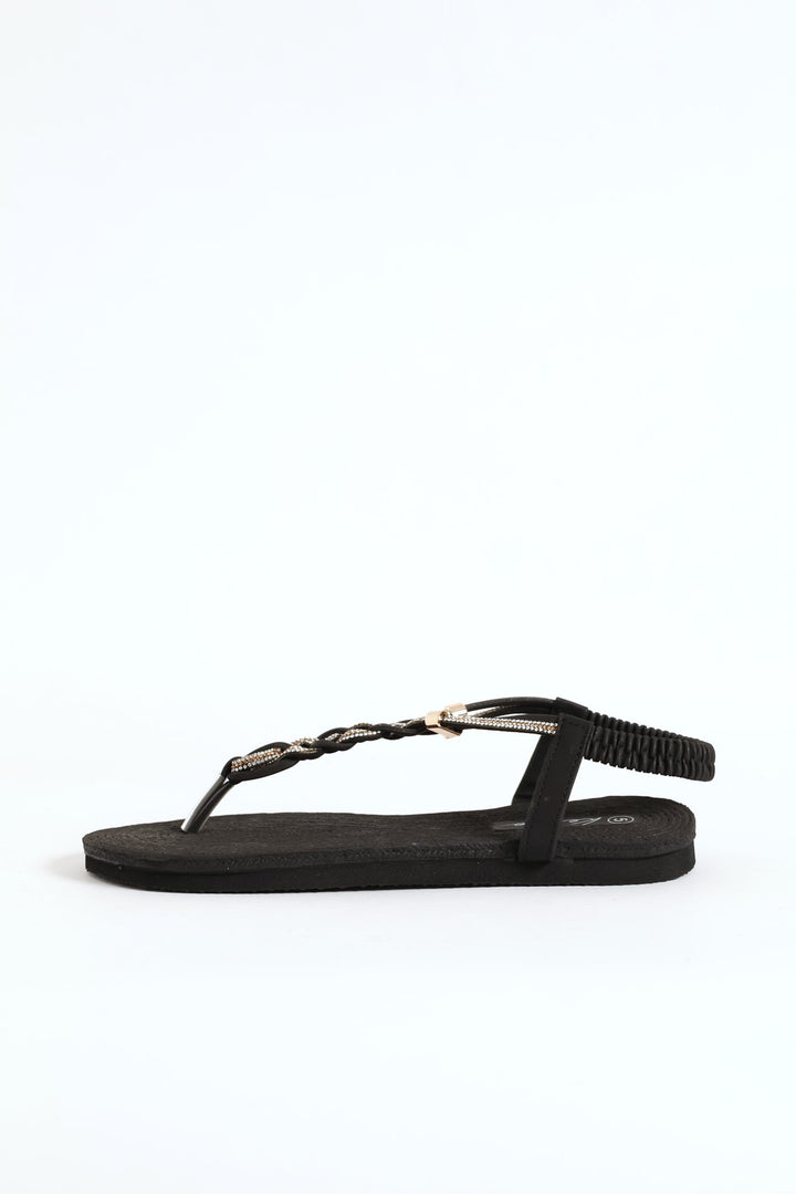 Diamante Plaited Slingback Thong Sandal - Black
