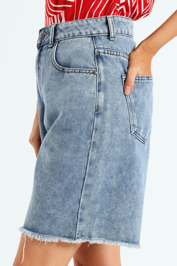 Raw Hem Boyfriend Mid Thigh Denim Short - Dark Wash Ink