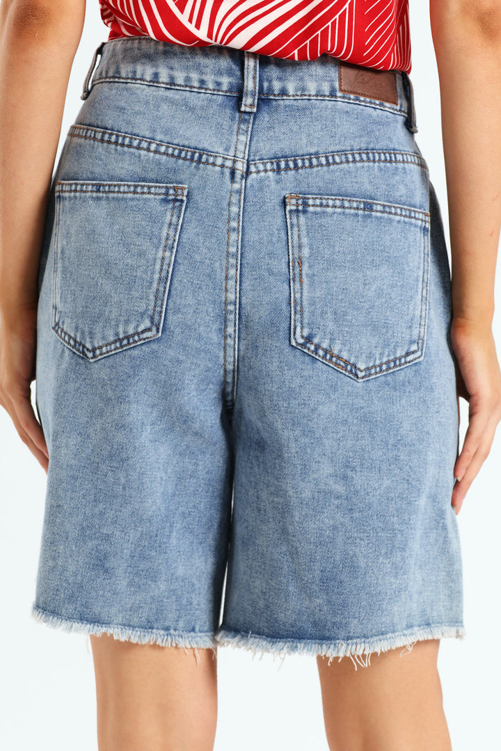 Raw Hem Boyfriend Mid Thigh Denim Short - Dark Wash Ink