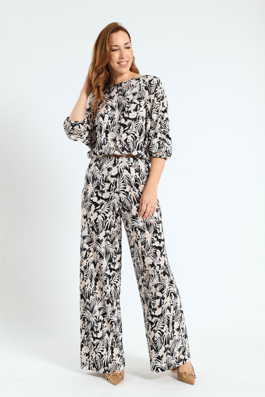 Plisse Straight Leg Pant - Black/Cream