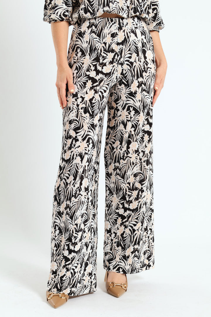 Plisse Straight Leg Pant - Black/Cream