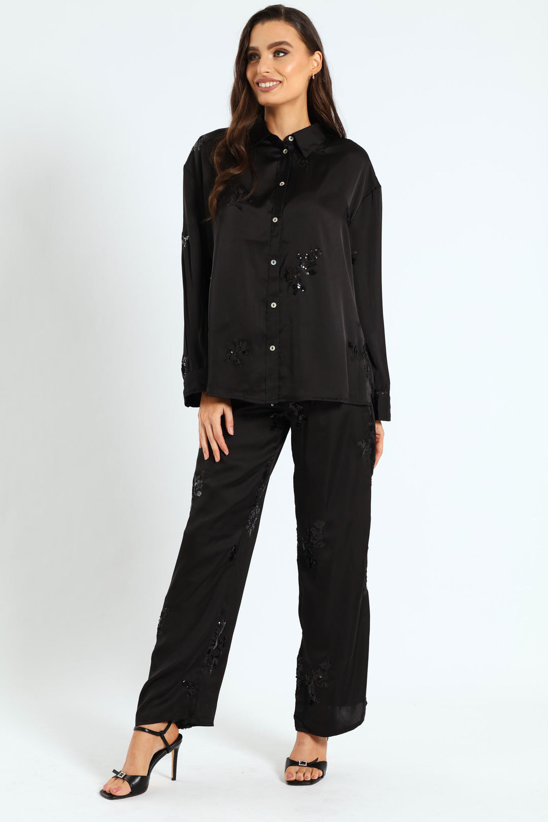 Long Sleeve Sequin Detailed Shirt -  Black