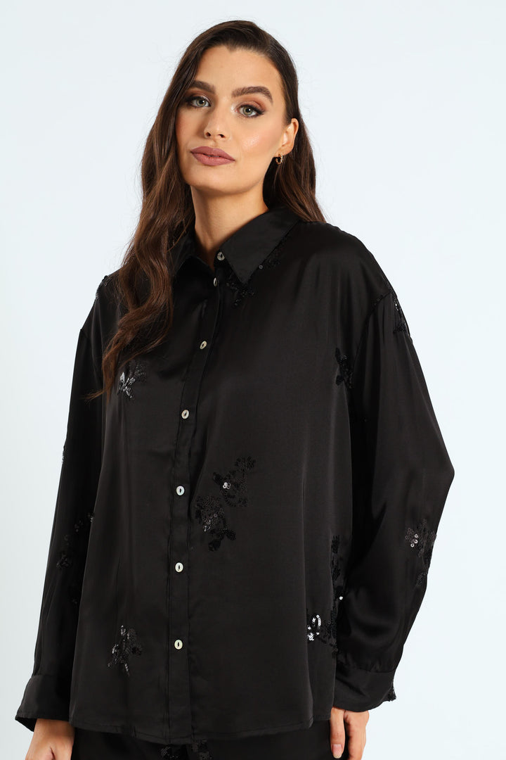 Long Sleeve Sequin Detailed Shirt -  Black