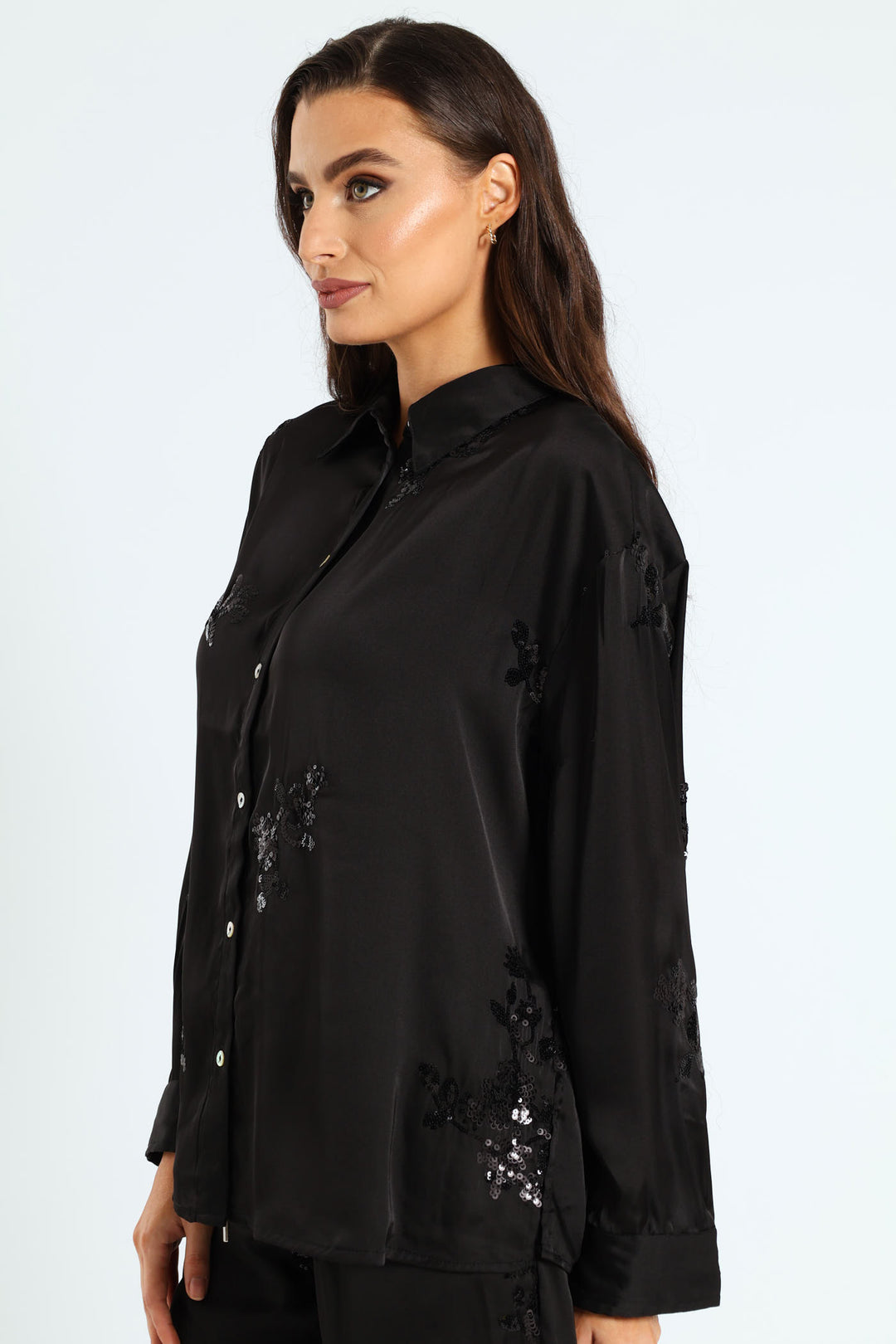 Long Sleeve Sequin Detailed Shirt -  Black