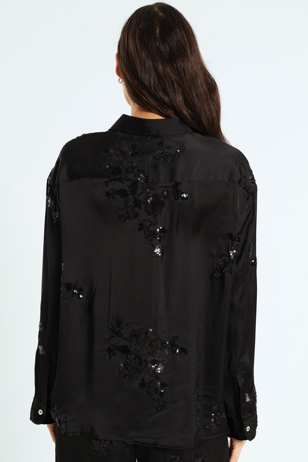 Long Sleeve Sequin Detailed Shirt -  Black