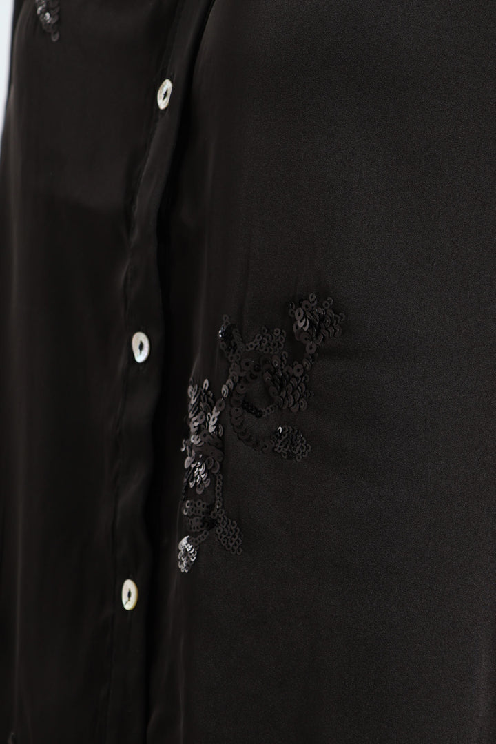 Long Sleeve Sequin Detailed Shirt -  Black