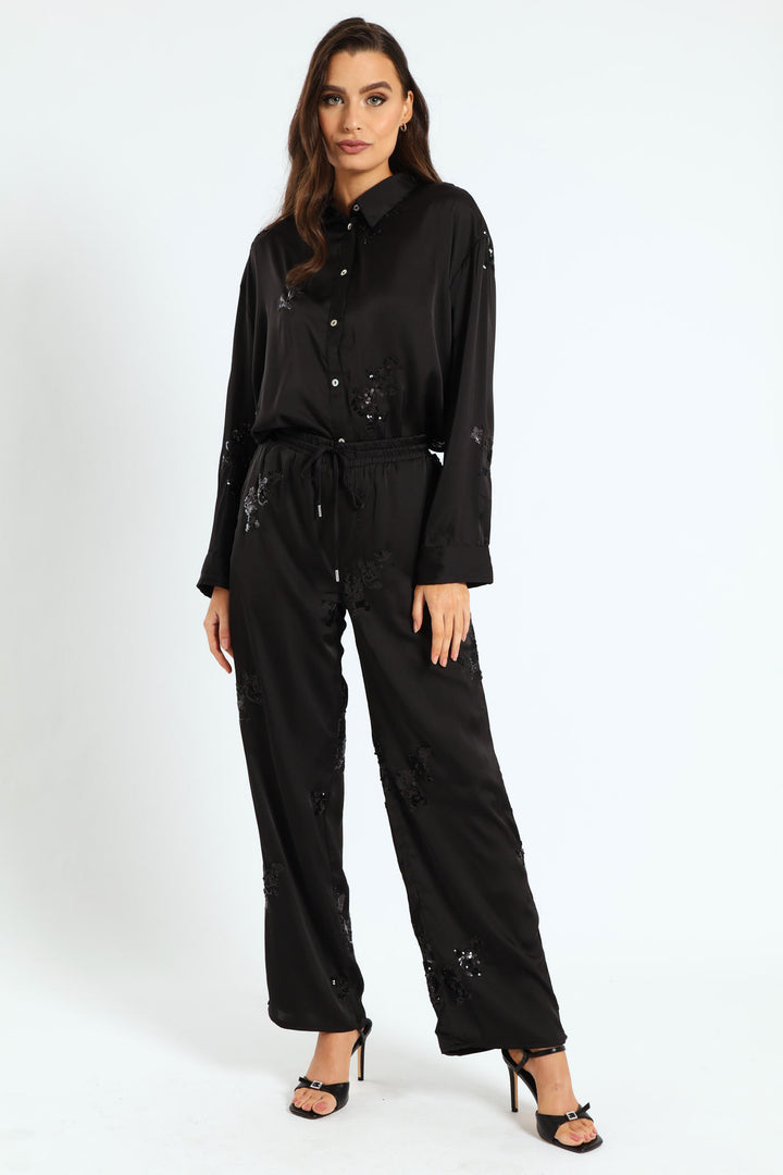 Wide Leg Sequin Pants - Black