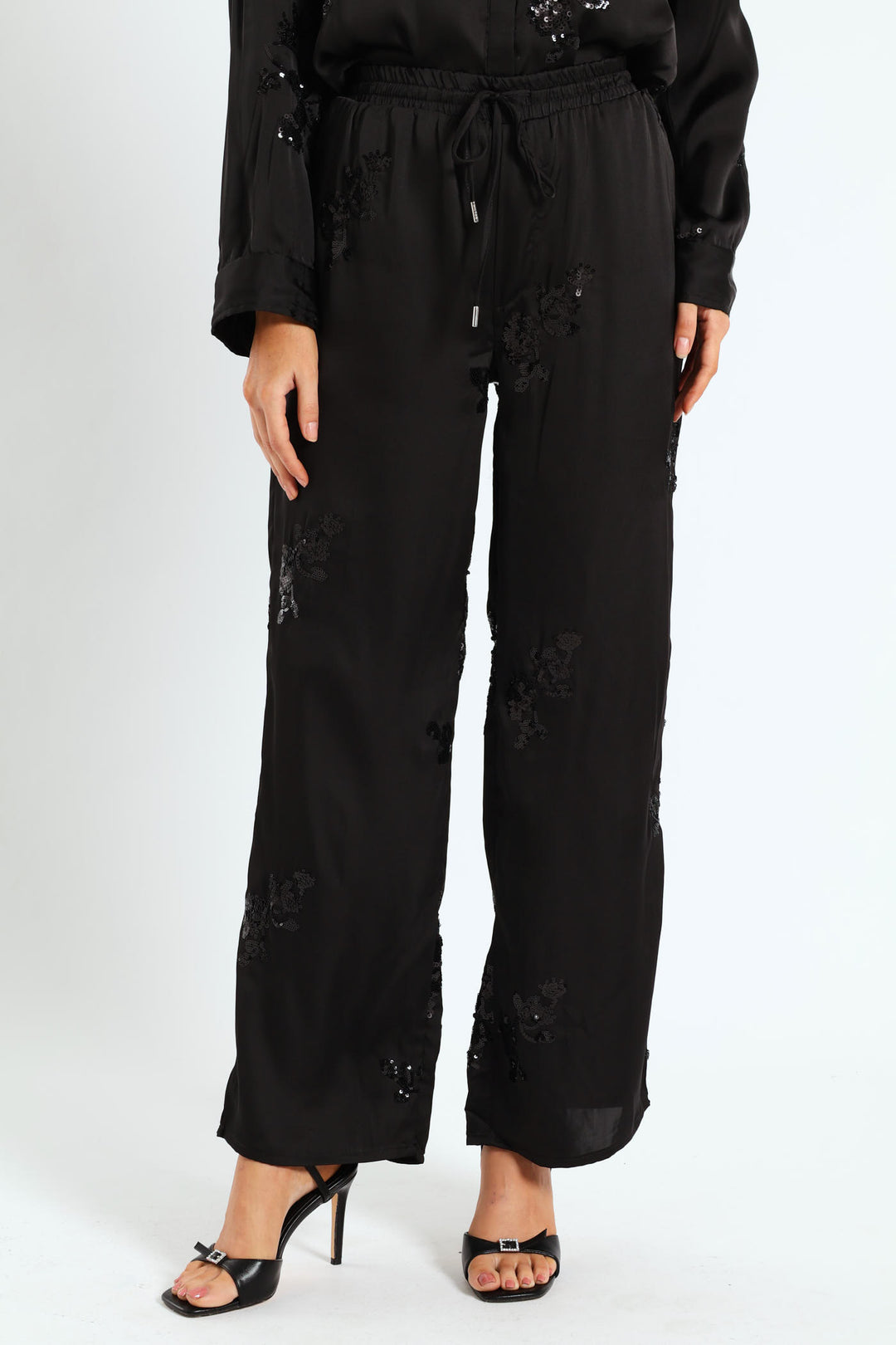 Wide Leg Sequin Pants - Black
