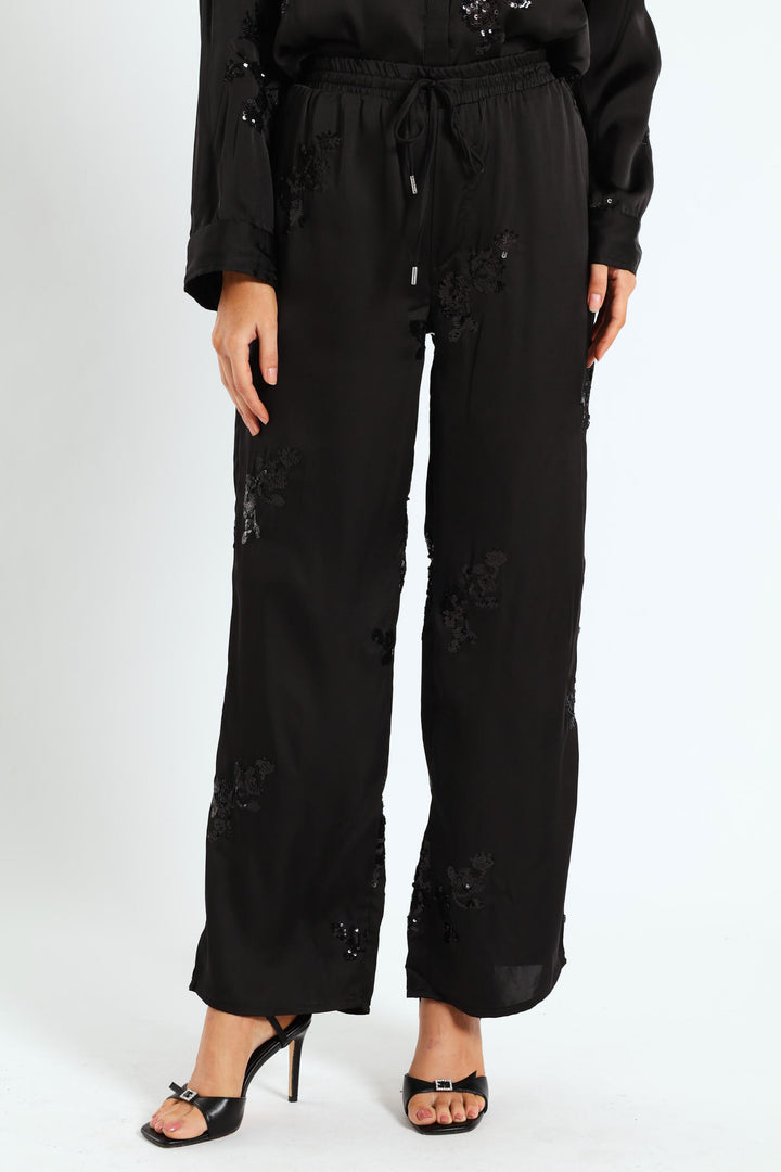 Wide Leg Sequin Pants - Black