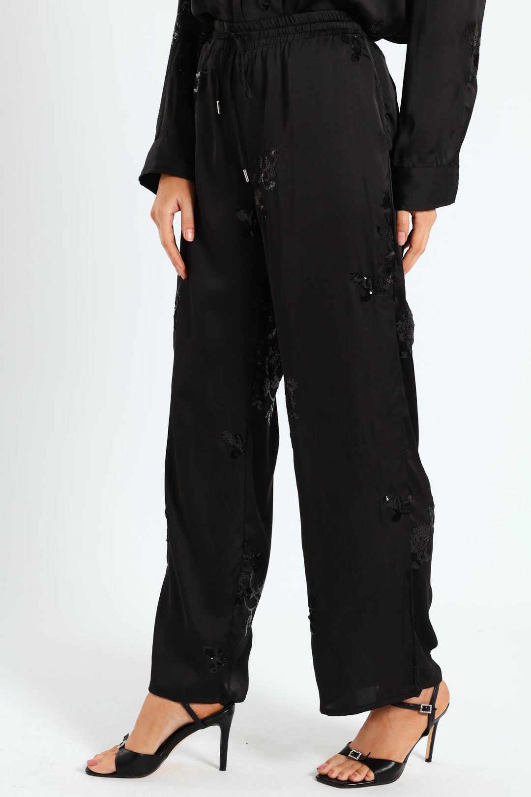 Wide Leg Sequin Pants - Black