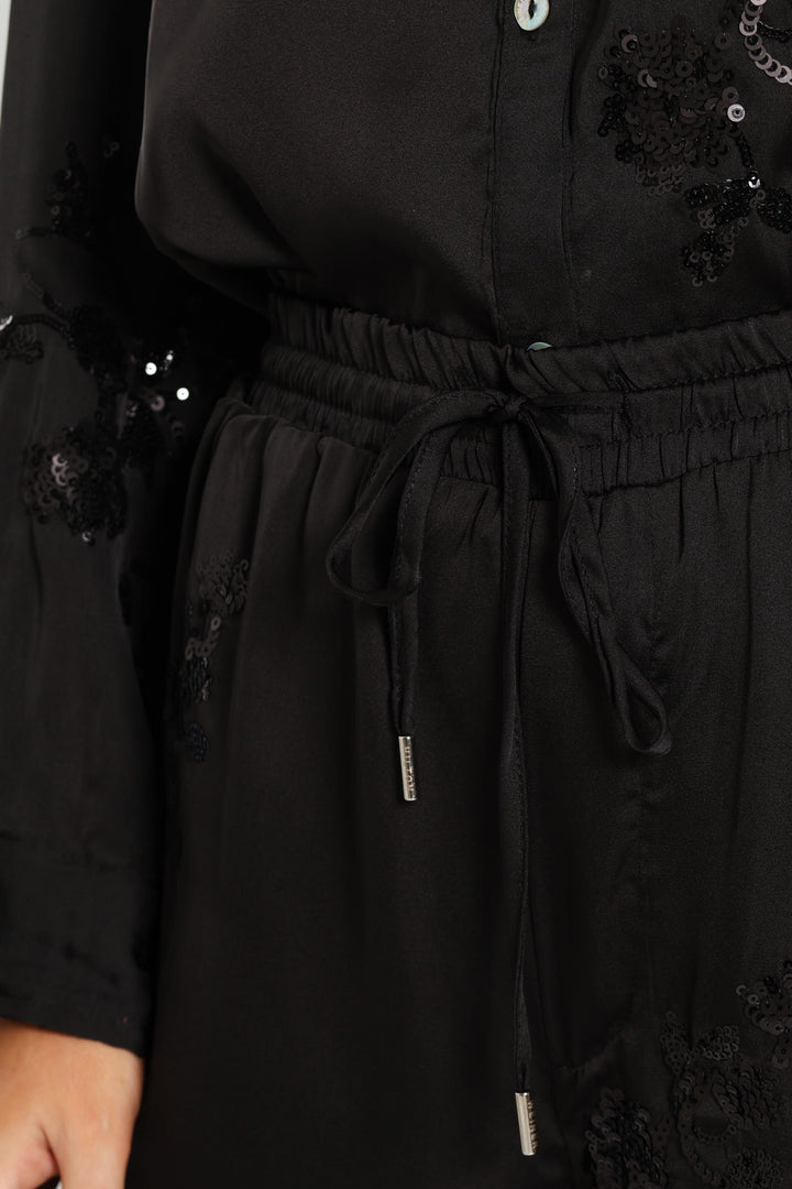 Wide Leg Sequin Pants - Black