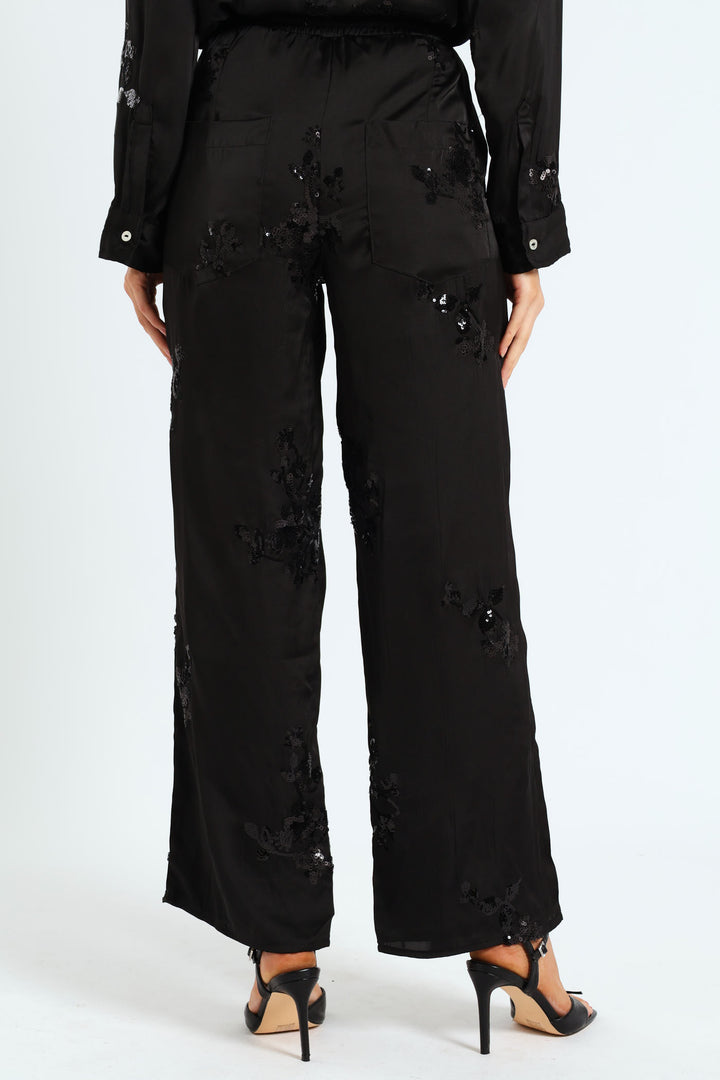 Wide Leg Sequin Pants - Black