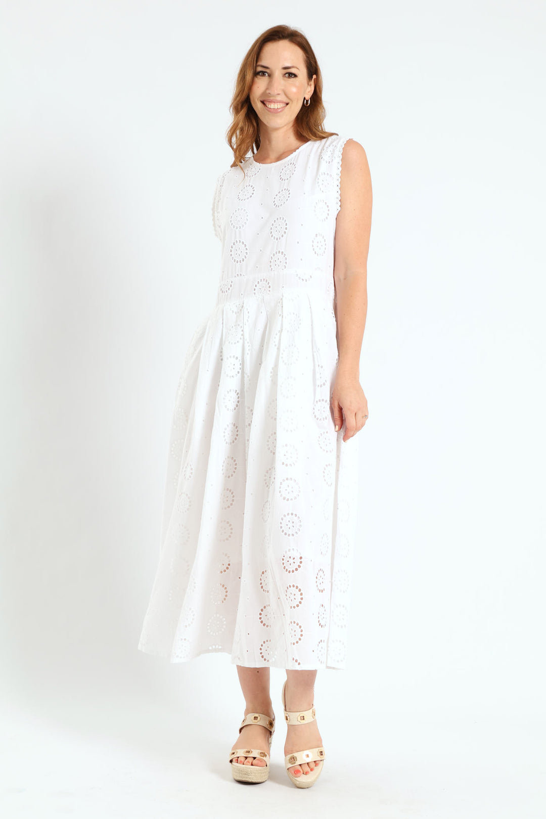 Scalloped Fit & Flare Anglaise Midi Dress - White