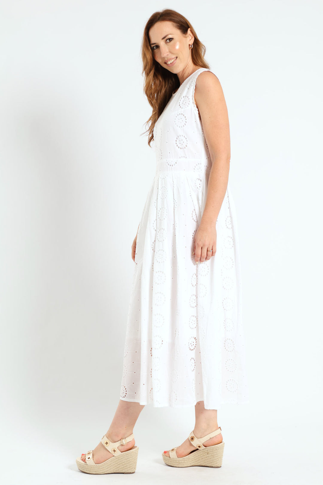 Scalloped Fit & Flare Anglaise Midi Dress - White