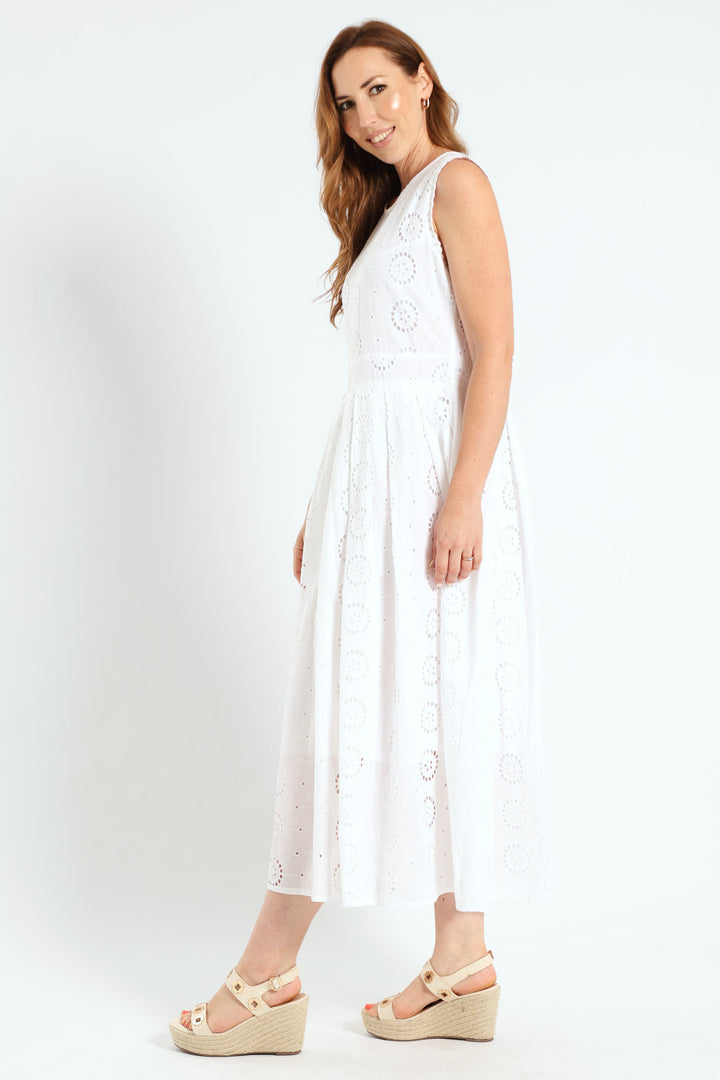 Scalloped Fit & Flare Anglaise Midi Dress - White