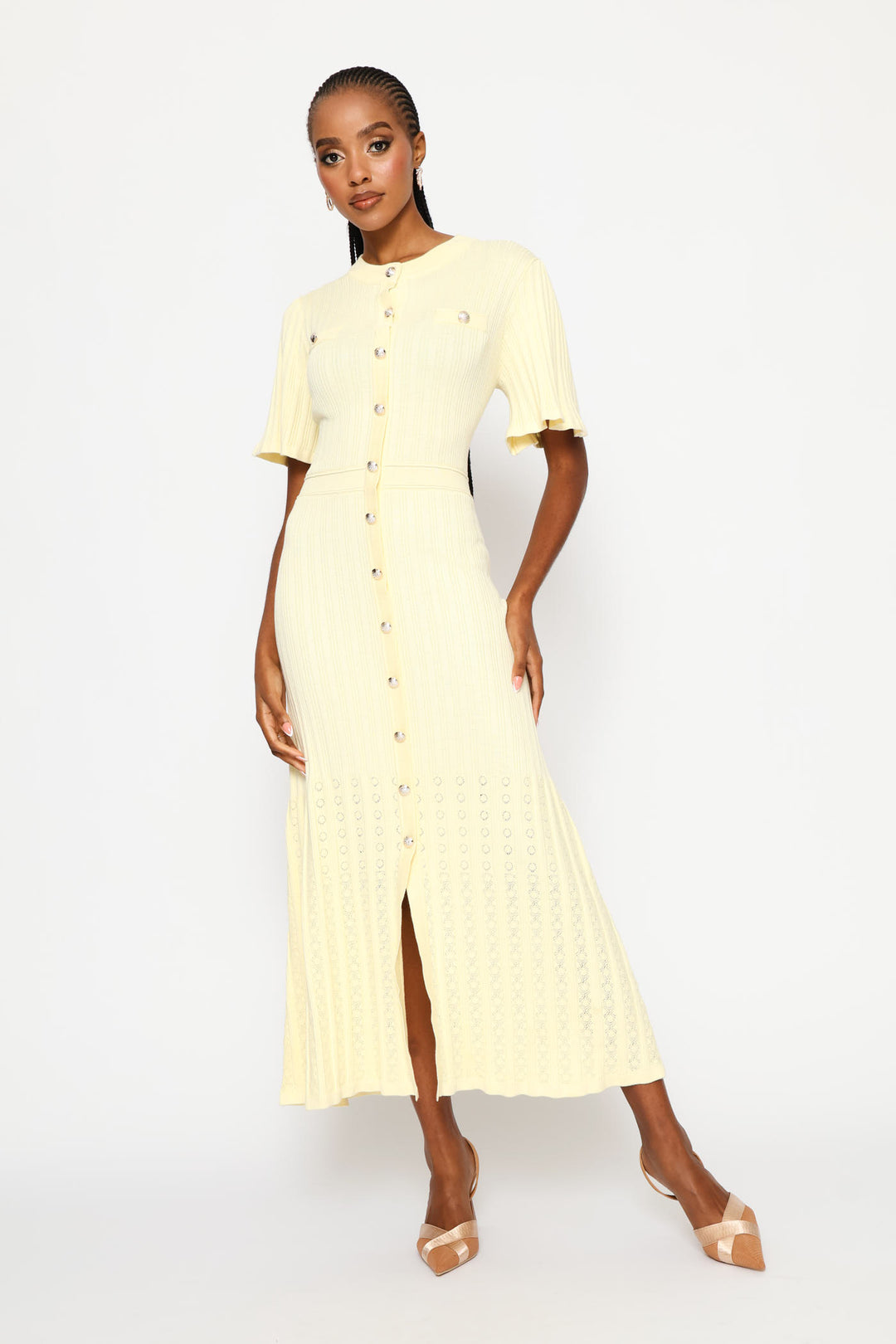 Ladies Flutter Sleeve Preppy Knitwear Maxi Dress - Butter Yellow Edgars Ladies Flutter Sleeve Preppy Knitwear Maxi Dress - Butter Yellow Edgars